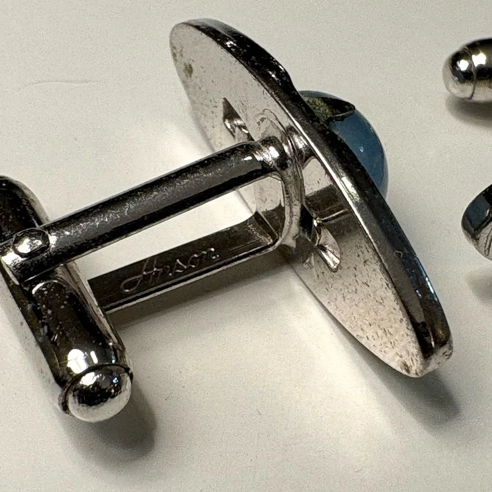 Vintage Swank Blue Stone Cufflinks Silver Tone Mid Century